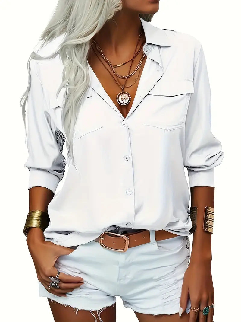 Elegante, einfarbige Chiffonbluse, lässiges Langarm-Shirt mit V-Ausschnitt, locker geschnitten