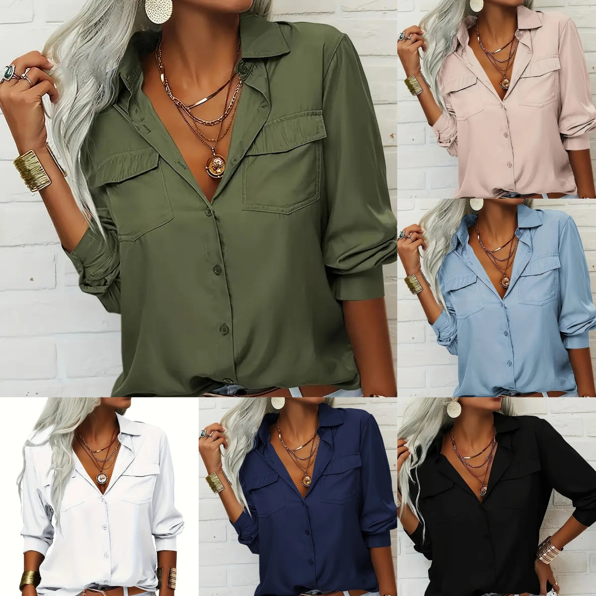 Elegante, einfarbige Chiffonbluse, lässiges Langarm-Shirt mit V-Ausschnitt, locker geschnitten