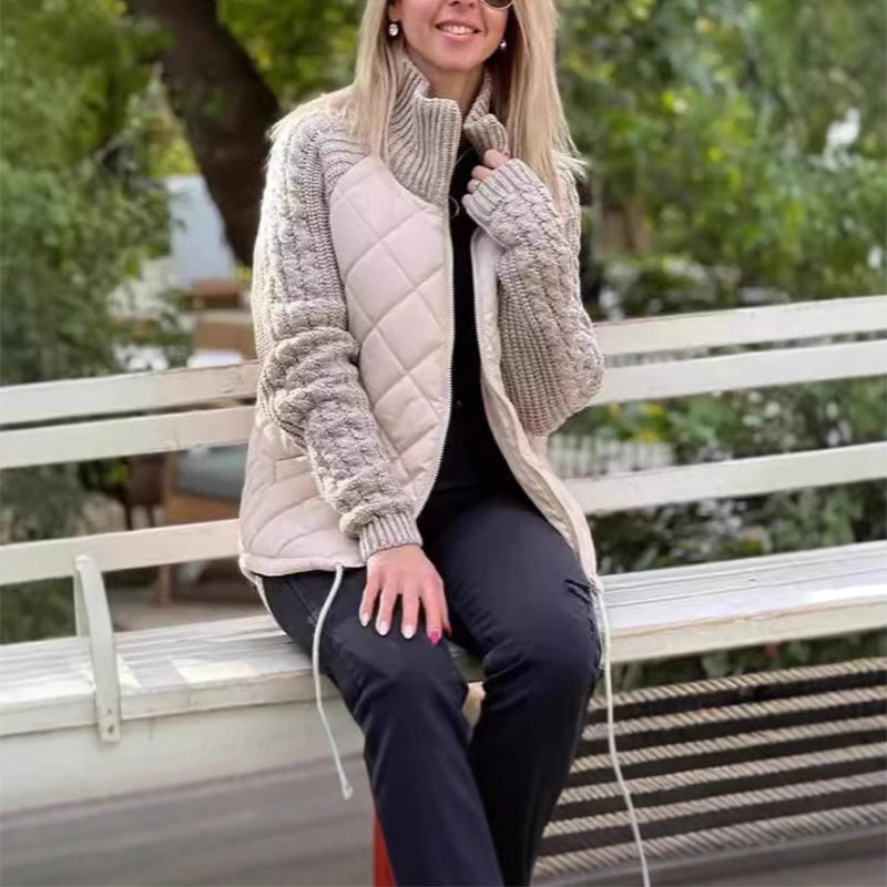Damen Winter Baumwolljacke mit Stehkragen Taschen, Stricknähten und Reißverschluss, sehr Modisch
