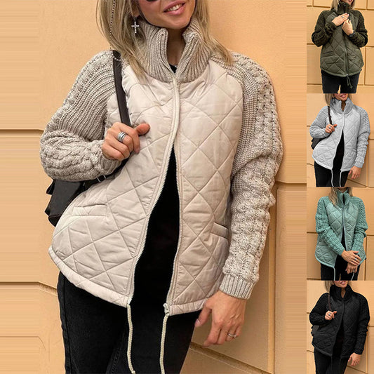 Damen Winter Baumwolljacke mit Stehkragen Taschen, Stricknähten und Reißverschluss, sehr Modisch