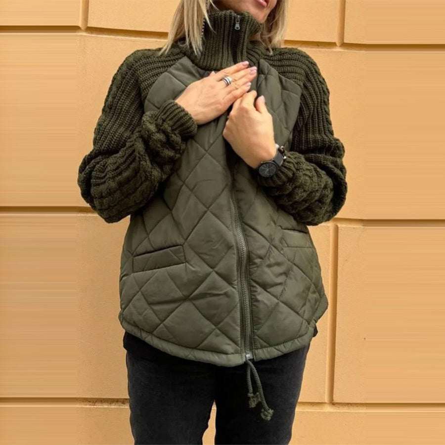 Damen Winter Baumwolljacke mit Stehkragen Taschen, Stricknähten und Reißverschluss, sehr Modisch