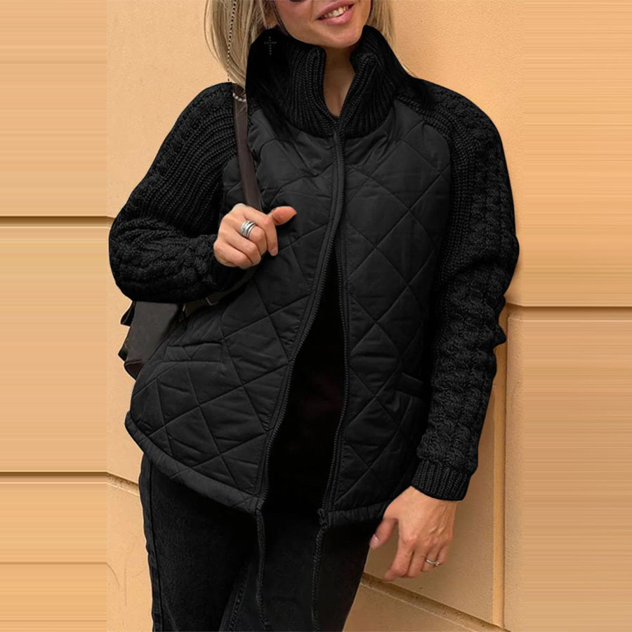 Damen Winter Baumwolljacke mit Stehkragen Taschen, Stricknähten und Reißverschluss, sehr Modisch