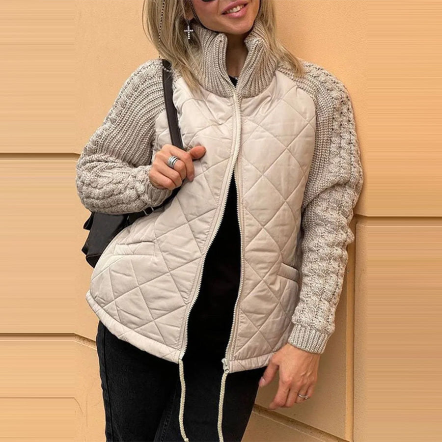 Damen Winter Baumwolljacke mit Stehkragen Taschen, Stricknähten und Reißverschluss, sehr Modisch