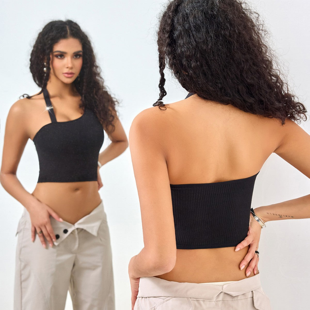 One-Shoulder-Halter-Top mit bauchfreiem, einseitig schulterfreiem Design.